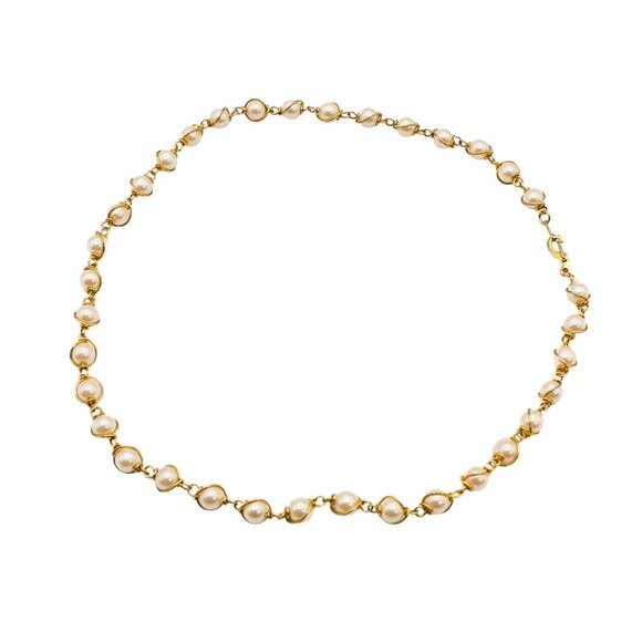 Elegant Yellow Gold Plated Faux White Pearl Beaded Link Necklace 16 Inches - Picture 4 of 4